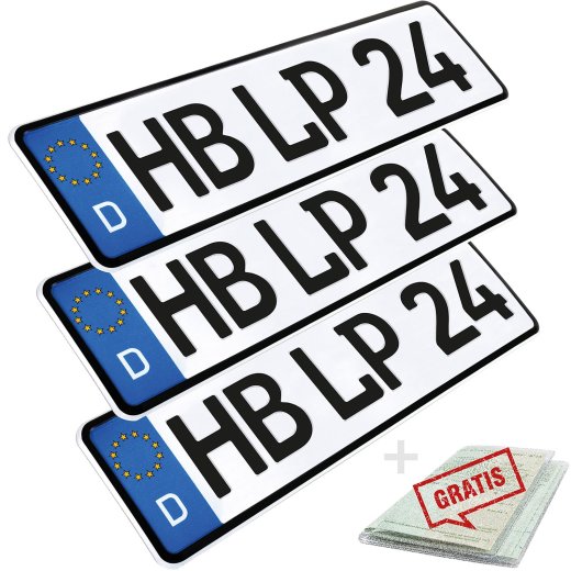 3 Stück Kennzeichen Wunkschkennzeichen DIN-zertifiziert PKW LKW Autokennzeichen Nummernschild 520 x 110