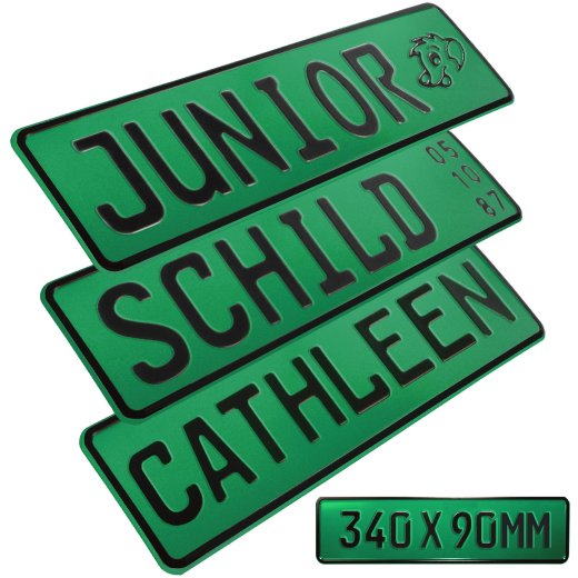 1x Kennzeichen Junior Bobby Car Kettcar Wunschtext FUN Kennzeichen Funschild Grün Retroreflektierend