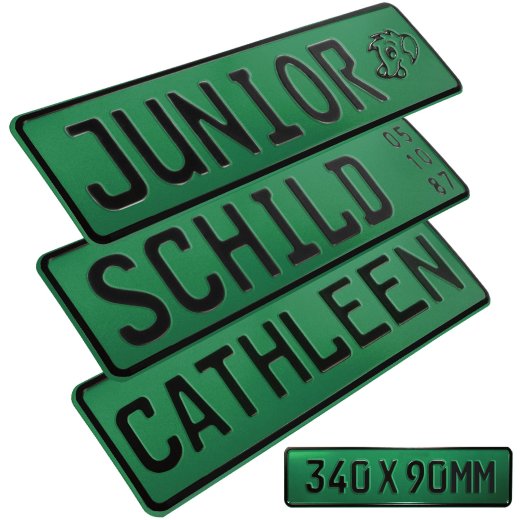 1x Kennzeichen Junior Bobby Car Kettcar Wunschtext FUN Kennzeichen Funschild dunkel Grün retroreflektierend