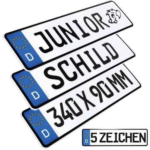 1x Kennzeichen Junior 34cm x 9cm mit Muster Schild Junior Bobby Car Kettcar Wunschtext FUN Schild Funschild