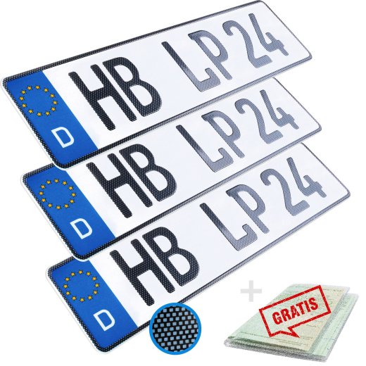 3 Kennzeichen Carbon Optik 52x 11cm Wunschennzeichen zertifiziert PKW Autokennzeichen KFZ