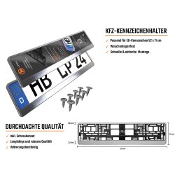 2x Kennzeichenhalter Auto Chrom gebürstet Kennzeichenhalterung KFZ Kennzeichen EU 520 x 110 Halter Nummernschild Halterung Alu look PKW Nummernschildhalter Nummernschildhalterung Kennzeichenverstärker