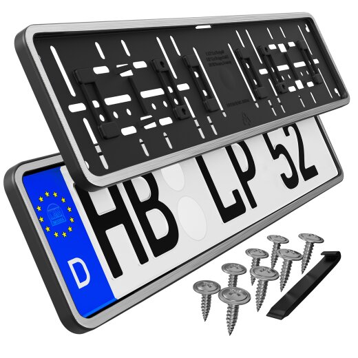 Kennzeichenhalter mit umlaufendem Rahmen KFZ-Kennzeichen Halter Halterung Chrom gebürstet