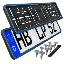 Kennzeichenhalter mit umlaufendem Rahmen KFZ-Kennzeichen Halter Halterung Blau chrom gebürstet