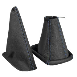 Schaltsack und Handbremsmanschette passend für Opel Corsa C 100% Echtleder schwarz Naht blau
