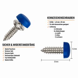 Kennzeichen Schrauben mit Kappen 4er Set Nummernschild Schrauben Set 4,8 x 16mm Edelstahl inkl. Abdeckkappen Befestigungsschrauben Kennzeichenbefestigung