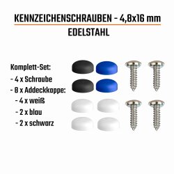 Kennzeichen Schrauben mit Kappen 4er Set Nummernschild Schrauben Set 4,8 x 16mm Edelstahl inkl. Abdeckkappen Befestigungsschrauben Kennzeichenbefestigung