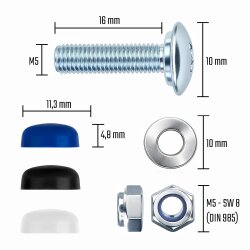 Kennzeichen Schrauben Motorrad M5 x 16mm mit Abdeckkappen - selbstsichernd - 4er Set mit Kappen - Nummernschild Schrauben DIN 84