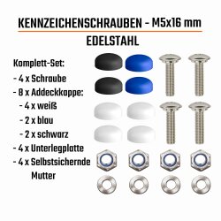 Kennzeichen Schrauben Motorrad M5 x 16mm - Edelstahl - selbstsichernd - mit Abdeckkappen 4er Set mit Kappen - Nummernschild Schrauben ähnlich DIN 84