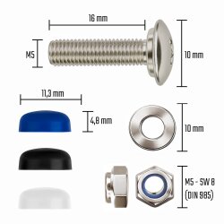Kennzeichen Schrauben Motorrad M5 x 16mm - Edelstahl - selbstsichernd - mit Abdeckkappen 4er Set mit Kappen - Nummernschild Schrauben ähnlich DIN 84
