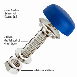 Kennzeichen Schrauben Motorrad M5 x 16mm - Edelstahl - selbstsichernd - mit Abdeckkappen 4er Set mit Kappen - Nummernschild Schrauben ähnlich DIN 84
