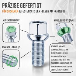 Radschrauben Silber Kugelbund R13 M14 x 1,5 27 mm SW17 für Audi VW Seat Skoda Ford