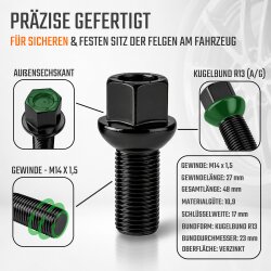 Radschrauben Schwarz Kugelbund R13 M14 x 1,5 x 27 mm SW17 für Audi VW Seat Skoda Ford