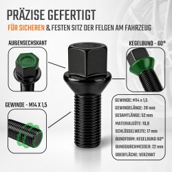 Radschrauben M14 x 1,5 Kegelbund 60° 28mm SW17 für Audi VW Seat Skoda Mercedes