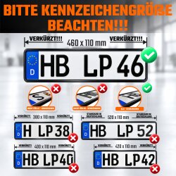 2 Kennzeichenhalter 46 cm x 11 cm schwarz mit Rahmen für kurze Kennzeichen 460mm